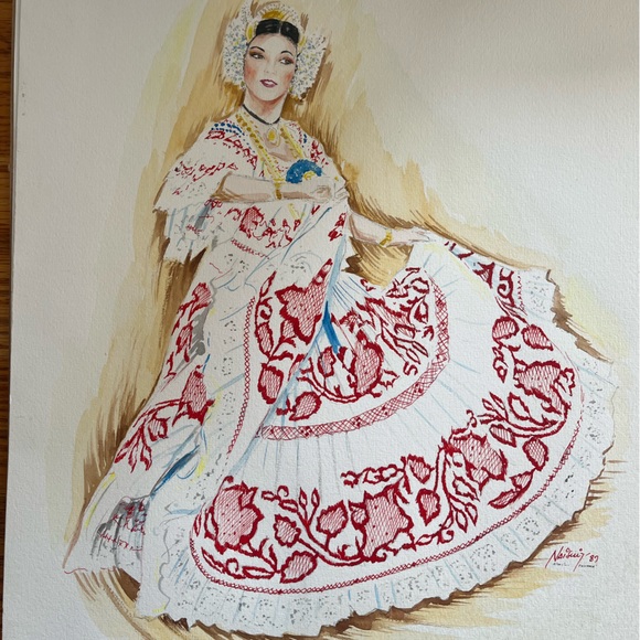 Panamanian dancer in traditional pollera. Painting with Red and White Accents - Picture 1 of 3